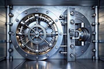 A heavy-duty, futuristic bank vault door with a complex locking system, consisting of thick steel, bolts, and gears, exudes security and protection of valuable assets.
