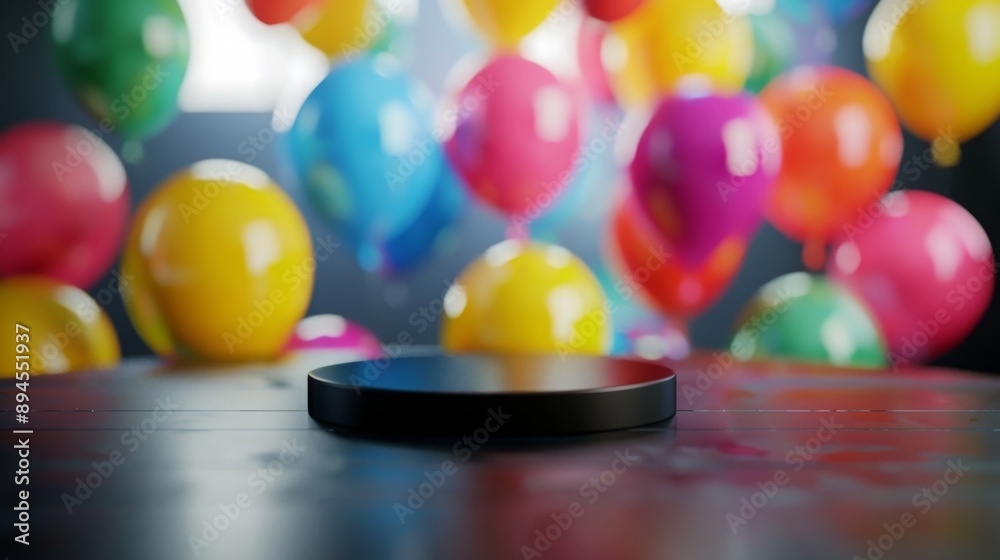 Poster A black platform sits on a table with many colorful balloons floating in the background.