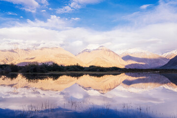 Landscape with blue sky. Reflection scenery during traveling to leh Ladakh, India.