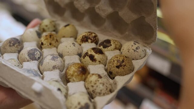 In the hands of a woman chooses packing quail eggs in the supermarket.