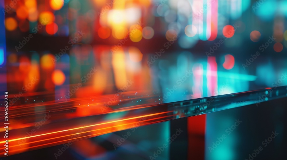 Poster the image shows a close-up of a glass tabletop with the colorful reflections of city lights in the b