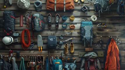 rock climbing and travel equipment on dark wooden background. 