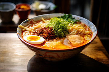 Close up of steaming hot bowl of ramen street food style noodles egg chicken soup broth with vegetables garnishes on wood table food photography