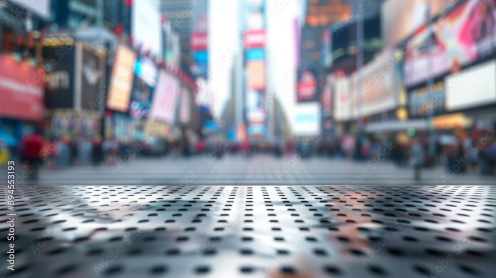Aufkleber A metal surface with a grid pattern is positioned in front of a blurred background of Times Square, New York City.