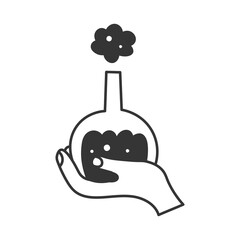 Human Hand Holding Magical Potion in Glass Flask. Finger gesture with witchcraft. Bubbling Liquid Elixir. Magic Chemistry symbol icon logo. Isolated vector illustration