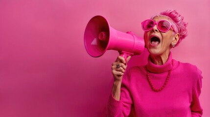 Enthusiastic elderly woman with pink hair, wearing bright pink clothes and sunglasses, shouting through a pink megaphone. Screaming in megaphone. Business announcement or communication concept