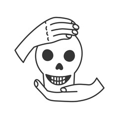 Human Hands Holding Smiling Skull Doodle. Skeleton cranium. Horror Creepy Symbol. Halloweeen icon. Isolated vector illustration. Line art.