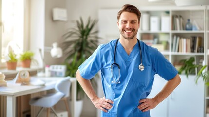 young male nurse in blue scrubs smiling and standing in the office, a portrait of a Cheerful handsome male doctor wearing uniform and stethoscope working on a hospital background.