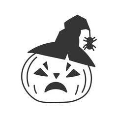 Creepy Jack-o-Lantern Pumpkin wearing Witch Hat. Spooky Halloween doodle design element. Scary gourd with spider. Hand drawn isolated vector illustration