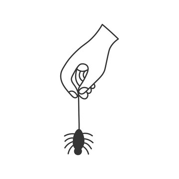 recommend clip art: Human Hand Holding Spider on a Thread of Web Doodle. Finger gesture. Witchcraft symbol. Isolated black line art. Vector illustration