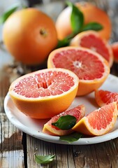 Fresh Grapefruit Slices on a White Plate