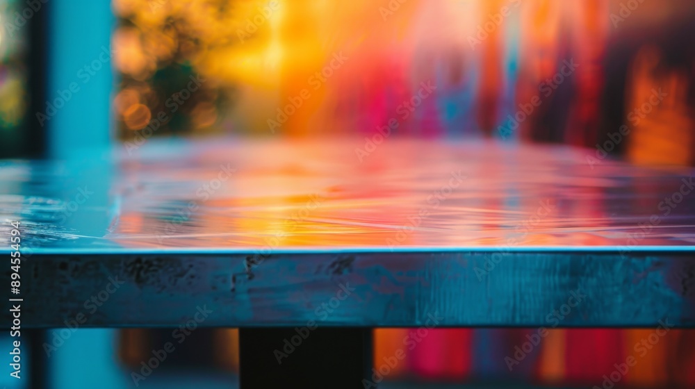 Poster A close-up view of a tabletop, with a blurred background of colorful lights and shapes.