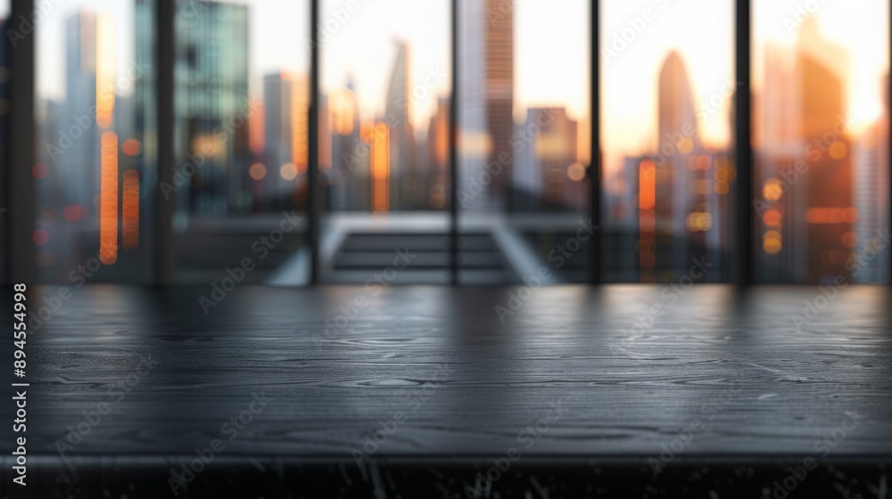 Aufkleber a black tabletop sits in front of a large window, offering a view of a blurred cityscape at sunset.