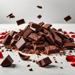 Close up Broken or cracked dark chocolate bar pile from top isolated on white background
