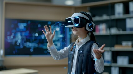 Child Experiencing Virtual Reality with VR Headset in a Modern Tech Environment