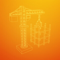 Construction crane tower. Building under construction industrial concept. Wireframe low poly mesh vector illustration.