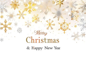 A white background with golden and silver snowflakes on it, with the words "Merry Christmas & Happy New Year" written in gold foil font at the bottom of the screen. The overall color scheme is simple 