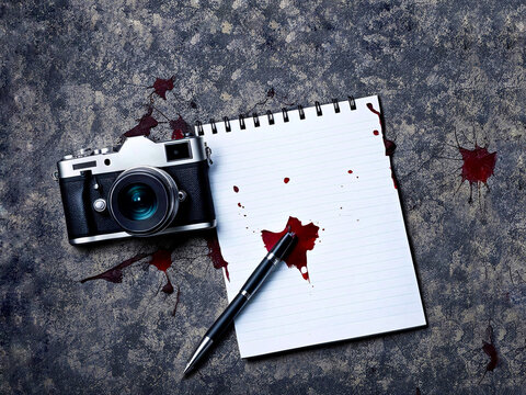 Camera, white notepad pen on ground blood stained, concept International day to end impunity for crimes against journalists, November 2, copy space
