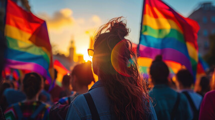 Person with ponytail attending a pride parade, surrounded by waving rainbow flags, symbolizing LGBTQ+ pride and unity.