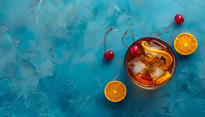 Old fashioned cocktail with bourbon whiskey, cherry and orange peel garnish, blue table, copy space, top view