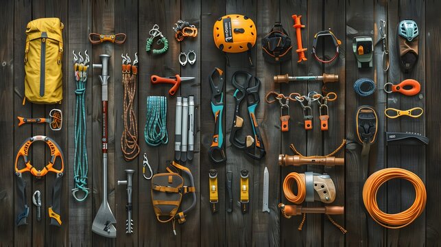 rock climbing and travel equipment on dark wooden background. 