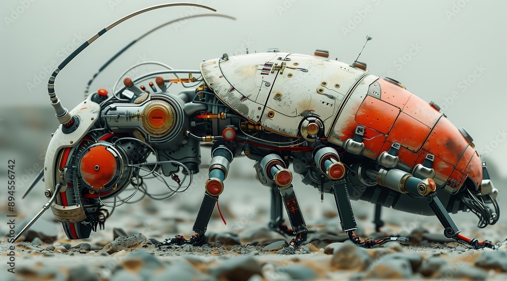 Poster a highly detailed 3d illustration of a futuristic cybernetic beetle with a metallic exoskeleton and 