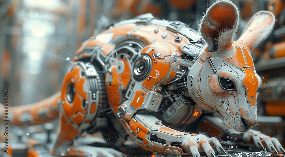 Poster A close-up of a robotic kangaroo, showcasing its intricate mechanical design and futuristic aesthetic. The kangaroo's body is a blend of sleek metallic panels and exposed gears, creating a visually