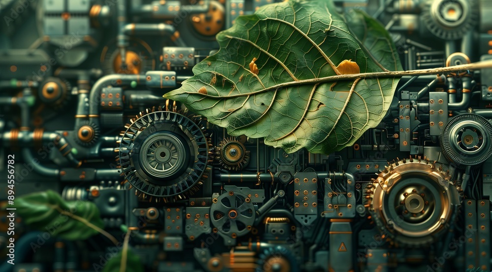 Poster A close-up of a green leaf lying on a complex machine gear system. The image is rendered in a detailed and realistic style with a steampunk feel. The contrast between the organic leaf and the mechan
