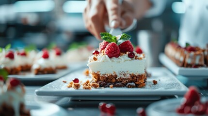 Artistic image showing a chef’s hand delicately placing a fresh raspberry on a creamy cheesecake garnished with red berries and mint, perfectly capturing culinary finesse and precision.