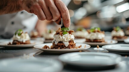 A chef uses precision to add final touches to dessert plates in a professional kitchen setting, highlighting culinary skill and attention to detail for gourmet presentation.