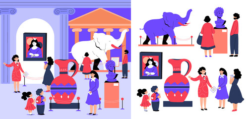 Fototapeta premium Hand drawn flat international museum day icons with illustration set