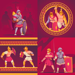 Hand drawn flat roman soldier square illustration set