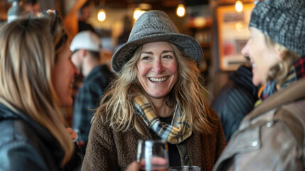 Fototapeta premium Women socializing and laughing at a gathering, capturing a moment of joy and connection in a warm and friendly environment.