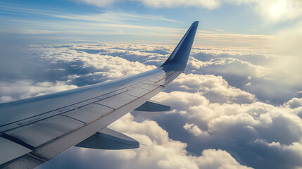 Fototapeta premium Above the Clouds, Airplane Wing View..