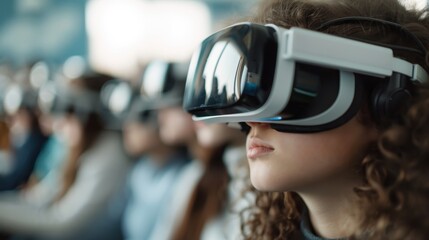 Several students seated in a row, all equipped with VR headsets, deeply focused on a virtual reality lesson, highlighting the integration of advanced technology in modern classrooms.