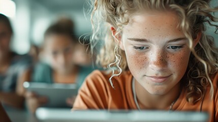 A freckled teen girl is engaged with a tablet in a classroom setting, capturing her focused attention and the integration of digital technology in education for young students.