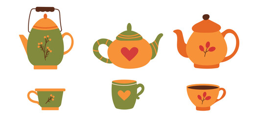 Set of teapots and cups drawn by hand in a cartoon style. Tea party with vintage teapots and cups