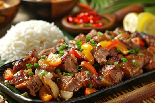 Close up of a flavorful pork sisig dish with rice and peppers, served hot