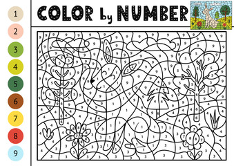 Color by number activity page for kids with a cute rabbit. Farm animal scene puzzle game for school and preschool. Vector illustration