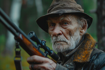 Obraz premium Hunter male female shooting from rifle gun in woods safari hunting season, Generative AI