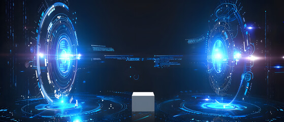 A high-tech, futuristic user interface design featuring two large, glowing blue holographic circles on the left and right. 