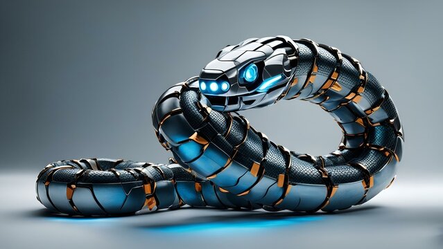 An orange robotic snake with blue eyes in a futuristic cyber-style world.