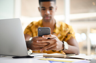 Hands, laptop or phone for fashion designer communication in ecommerce, online shop or store app....