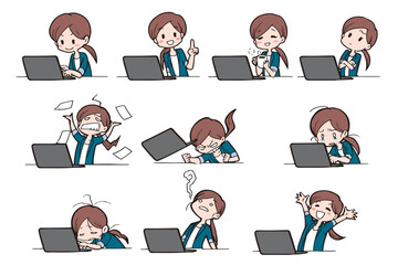 ビジネス_ノートパソコンで作業をする若い女性のセット素材