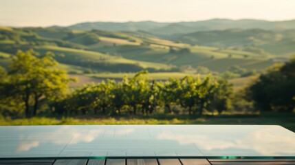 A glass tabletop with a view of rolling hills and a vineyard in the distance, captured at sunset.