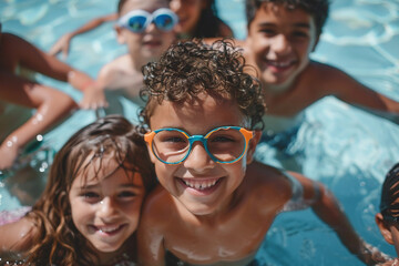 Obraz premium Happy full young family members with kids resting by the beach summer vacation time, Generative AI