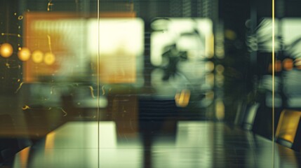 Abstract Blurred Office Interior with Reflections on Glass, Modern Business Workspace, Soft Focus on Conference Room Setting, Warm Ambient Lighting, Contemporary Corporate Environment