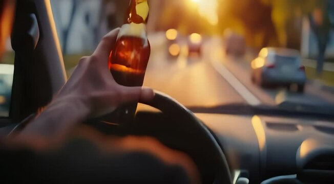 Close-up of a person holding a beer bottle while driving a car at sunset, indicating dangerous and illegal behavior.