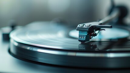 A detailed photograph capturing a sharp close-up of the stylus of a turntable playing a vinyl...