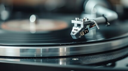 A vintage turntable equipped with a gleaming stylus playing an LP, focusing on the precision of the needle and the texture of the grooved vinyl, depicting the beauty of analog music.